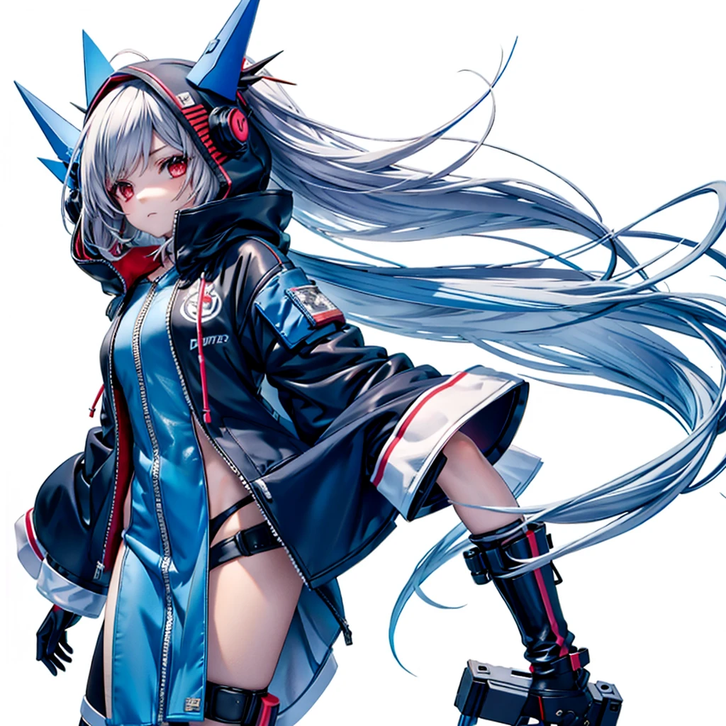 (Tabletop, Highest quality), (Perfect athletic body: 1.2), (Fine hair), Very detailed, Anime Style, whole body, alone, Cyberpunk Psychic Girl, whole body dressed in tattered robes and hood, Vagabond style, Gray Hair, Red eyes, Floating in the air, Small build, Psychic Aura, White Background, whole body, Blue Flame, （（Lightning in a woman's hand））