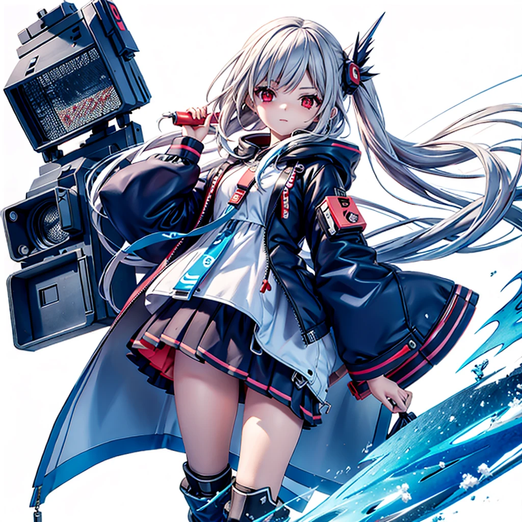 (Tabletop, Highest quality), (Perfect athletic body: 1.2), (Fine hair), Very detailed, Anime Style, whole body, alone, Cyberpunk Psychic Girl, whole body dressed in tattered robes and hood, Vagabond style, Gray Hair, Red eyes, Floating in the air, Small build, Psychic Aura, White Background, whole body, Blue Flame, ((Lightning in a woman's hand))
