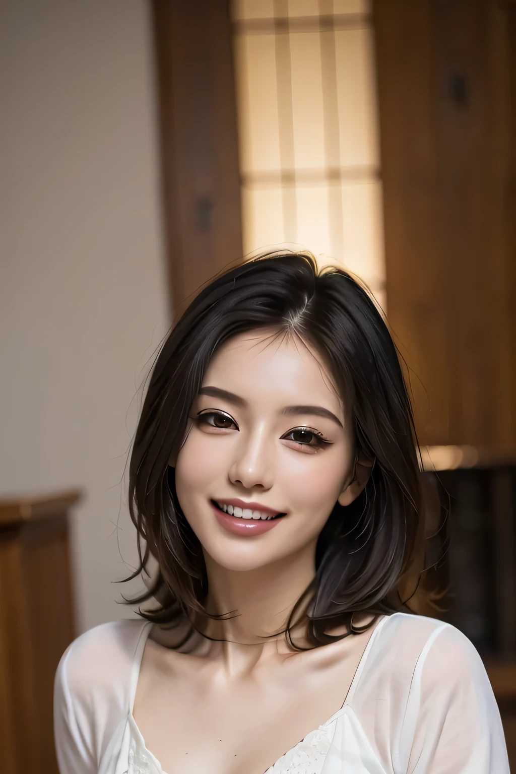 ((masterpiece)), ((Highest quality)), ((Complex)), ((Surreal)), (Realistic), (Mature Woman), ((There are no classes)), Very detailed, (1 female), Beautiful and exquisite, (Beautiful Teeth), Grin, Brunette Bob Hair, Brown eyes, ((blouse)), (Upper Body), (background:none), Perfect Eyes, Captivating eyes, Looking at the audience