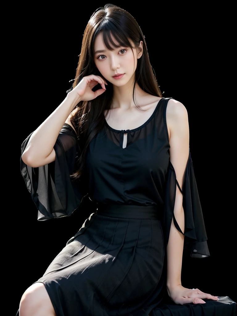 Black chiffon blouse、Black chiffon maxi skirt 、White Room、(Highest quality)、((Very detailed))、4K、(8K)、masterpiece、Very detailedな、Highest quality、Super Resolution、1 person、Kind Face、Soft Light、RAW quality、Soft Skin、163cm、30 years old、From the knee up