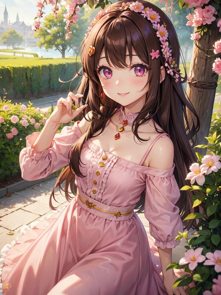 woman, pink eyes, long curry brown hair, kind smile. wear flower clips in her hair, she like princess, lady