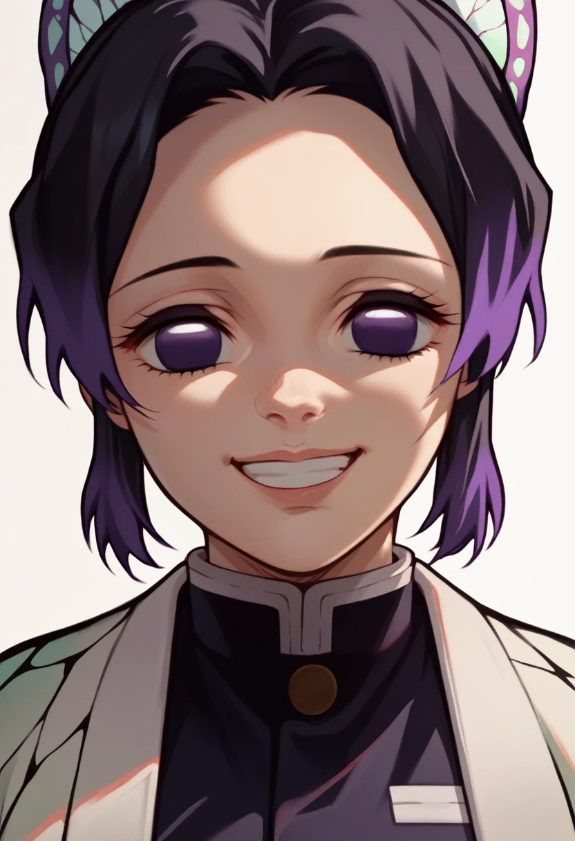 1girl, nsfw,pov,astride,thrusting, cheerful,grin, shinobu kocho (demon slayer), butterfly hair ornament, butterfly haori, demon slayer corps uniform, black/purple hair, purple eyes
 