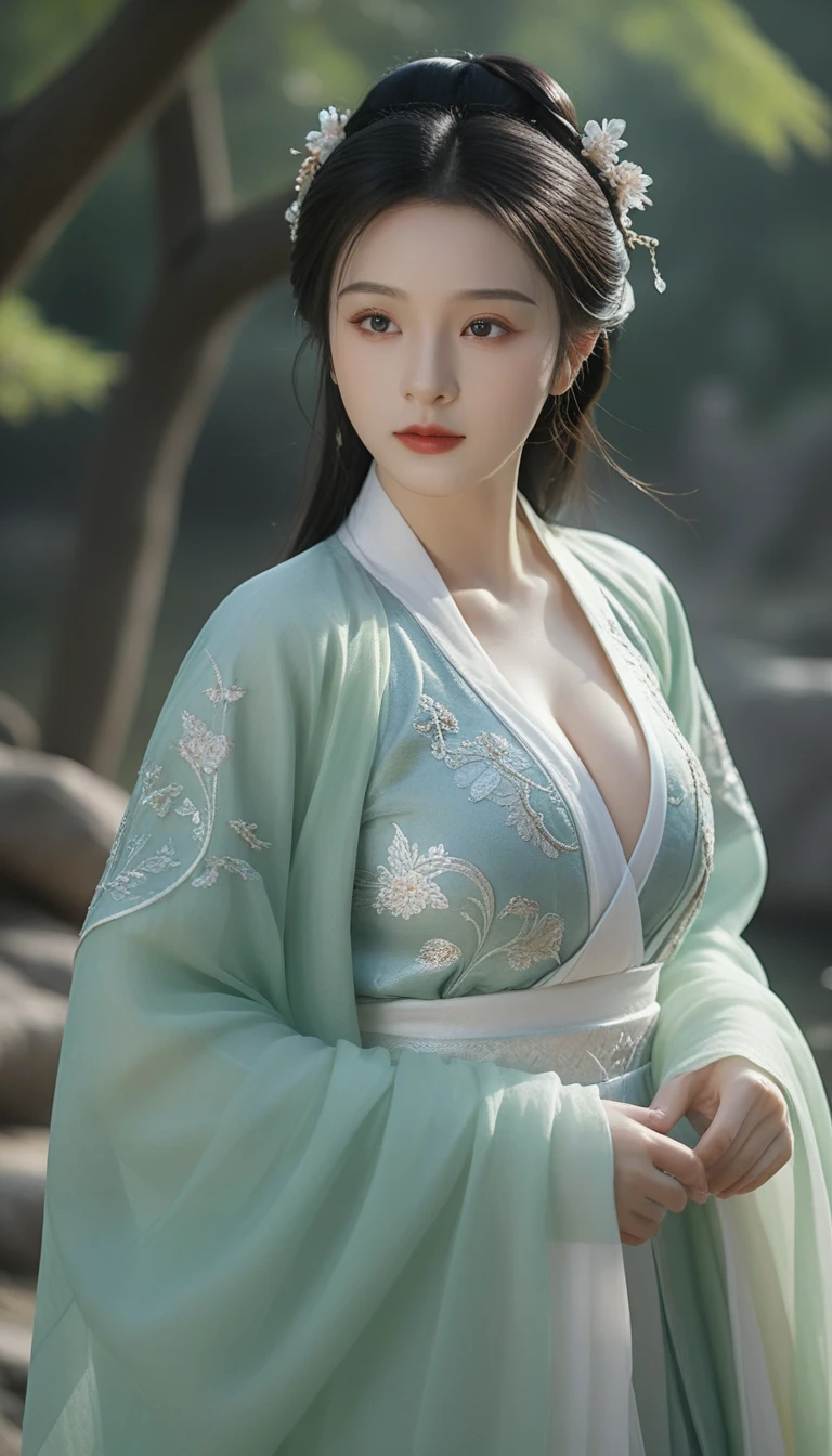 Ultra realistic, Intricate, Epic movie scene),1girl,hanfu,full body,(huge breasts:1.7), casting an otherworldly radiance on its surroundings,(Intricate, Lots of tiny details, amazing lighting, amazing setting),(Colorful, Ultra Realistic, High quality, Highly detailed, Sharp focus, 8K UHD, Ultra realism,(smile:0.3)