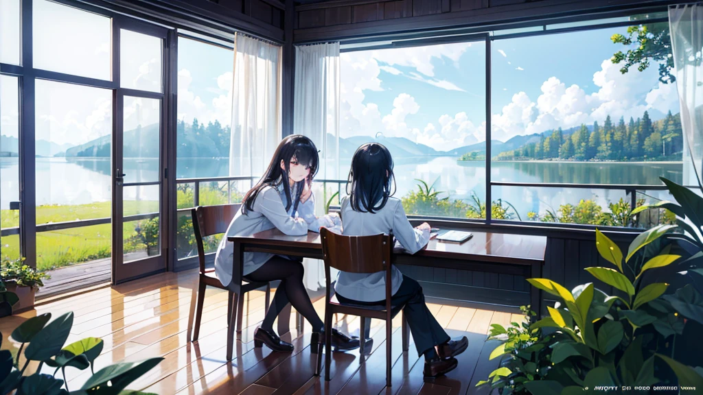 (master part), beyond the glass window, A huge lake in a dense forest,Very cool, nature,after the rain, gram, beautiful sky, Blinding clouds, 4K, happy,happyness, soft, wallpaper,, hope, convoluted, BREAK the image transmit a hopeful feeling, Good feel, happy atmosphere, The beauty of small details, a visual master part, beautiful colors, uhd, high resolution,absurd, professional image, breathtaking,amazing, Two girls help each other study sitting side by side at a table just in front of the screen angle.., Draw a character'look at him in detail, wear casual clothes