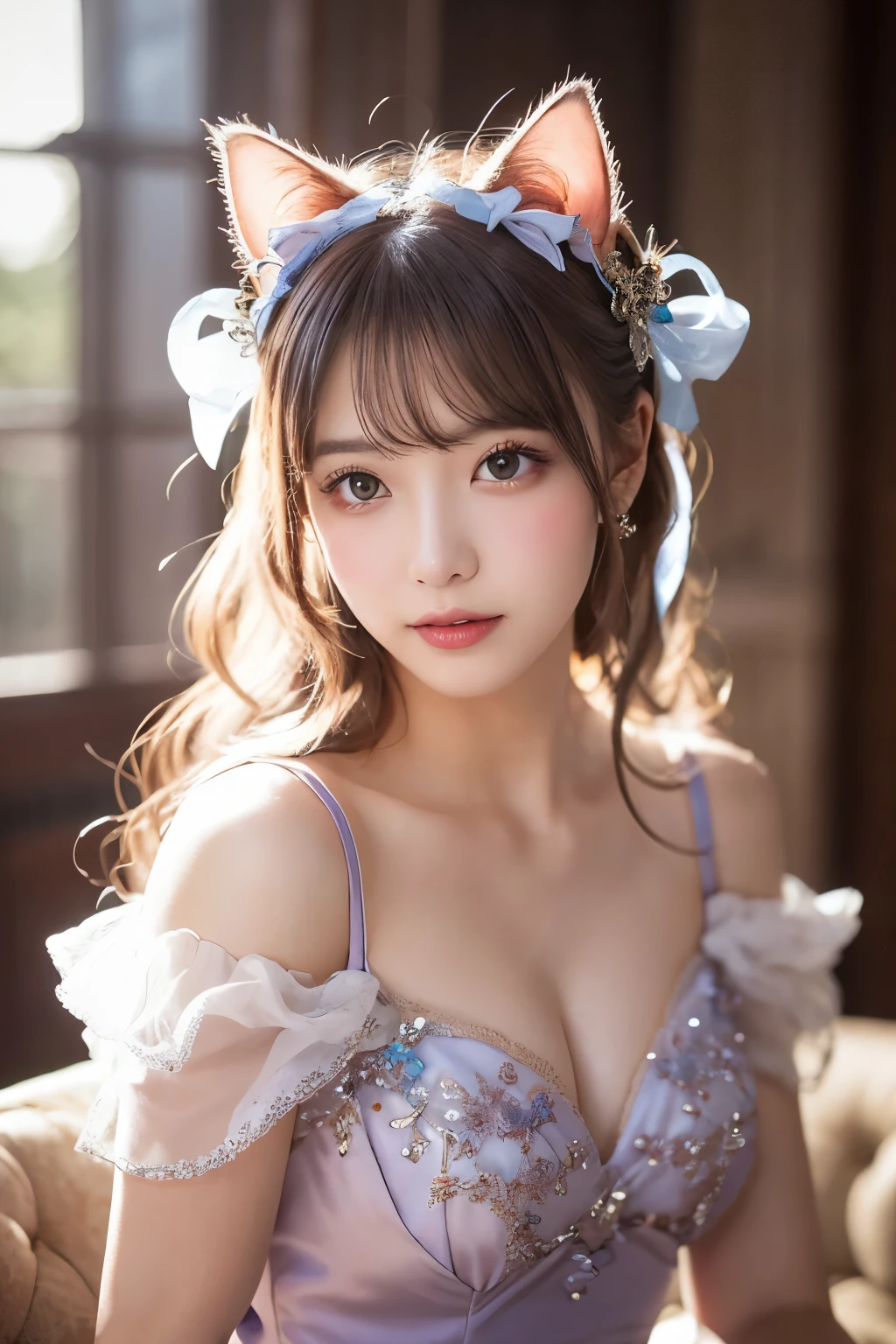 A young woman with long, wavy pastel-colored hair sits gracefully, dressed in an elaborate, fantasy-themed gown. The gown features a mix of soft pastel colors, including pink, blue, and lavender, adorned with sparkling embellishments and a large bow at the bust. She has a pair of large, fluffy cat ears on her head, matching her soft, fluffy tail. Her eyes are large and expressive, with a gentle and inviting expression. The scene is softly lit with a magical, dreamy ambiance, highlighting her smooth skin and the intricate details of her outfit. She wears delicate jewelry, including a butterfly hair clip, adding to the whimsical nature of her appearance. The background is soft and blurred, enhancing the ethereal feel of the image.