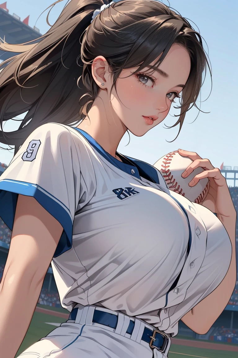 ((Masterpiece, top quality, high resolution)), ((highly detailed CG unified 8K wallpaper)), (huge stunning goddess shot, very hot and sexy, jaw-dropping beauty, perfect proportions, beautiful body, slim body beauty:1.3), female baseball player throwing a ball on a field, female baseball player, Detailed faces and hands, dynamic pictures, baseball action,