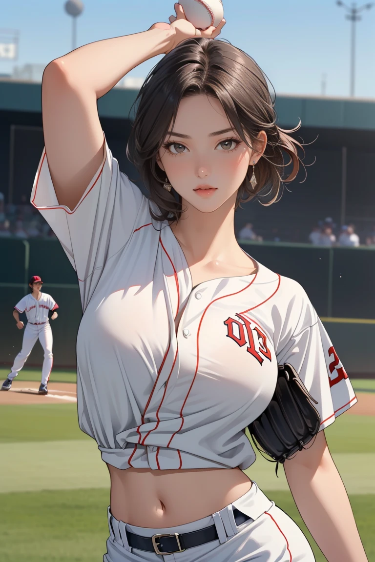 ((Masterpiece, top quality, high resolution)), ((highly detailed CG unified 8K wallpaper)), (huge stunning goddess shot, very hot and sexy, jaw-dropping beauty, perfect proportions, beautiful body, slim body beauty:1.3), female baseball player throwing a ball on a field, female baseball player, Detailed faces and hands, dynamic pictures, baseball action,