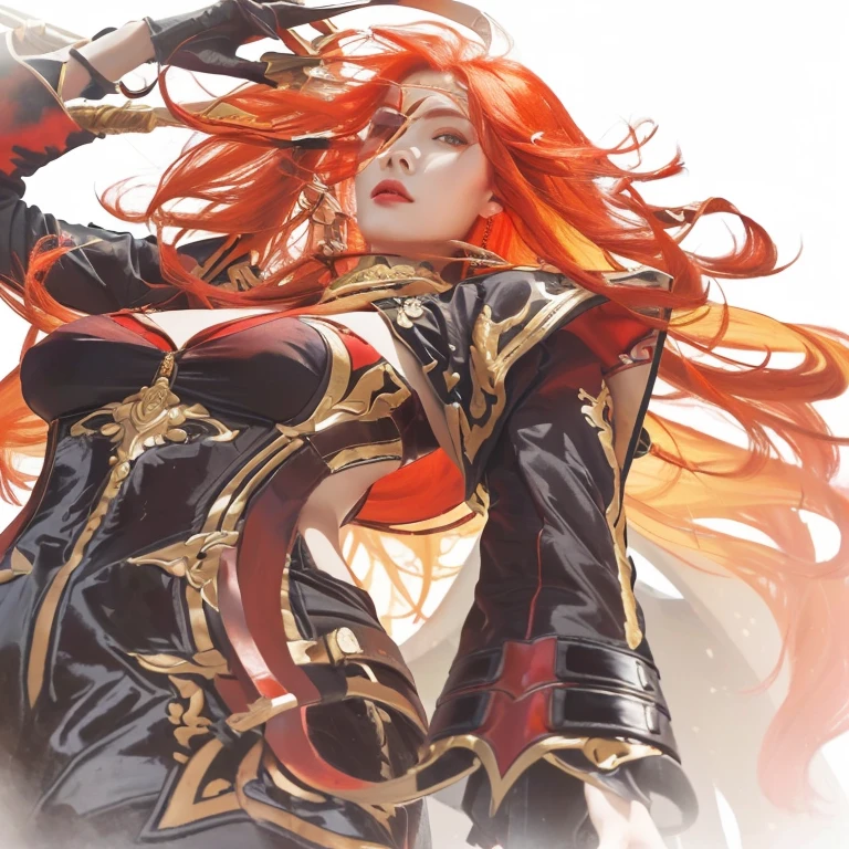 Oil painting- style image of a woman with red hair and a sword, appears as the fire god