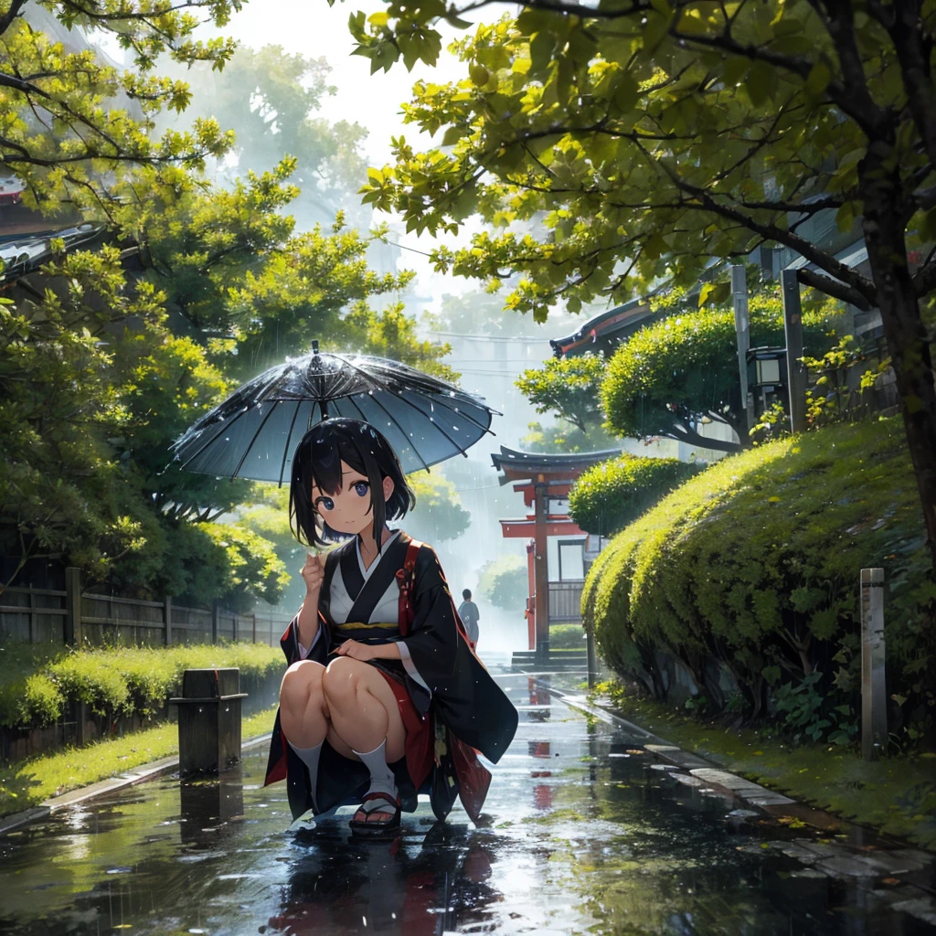 Close up Japanese rain on leaves and roads