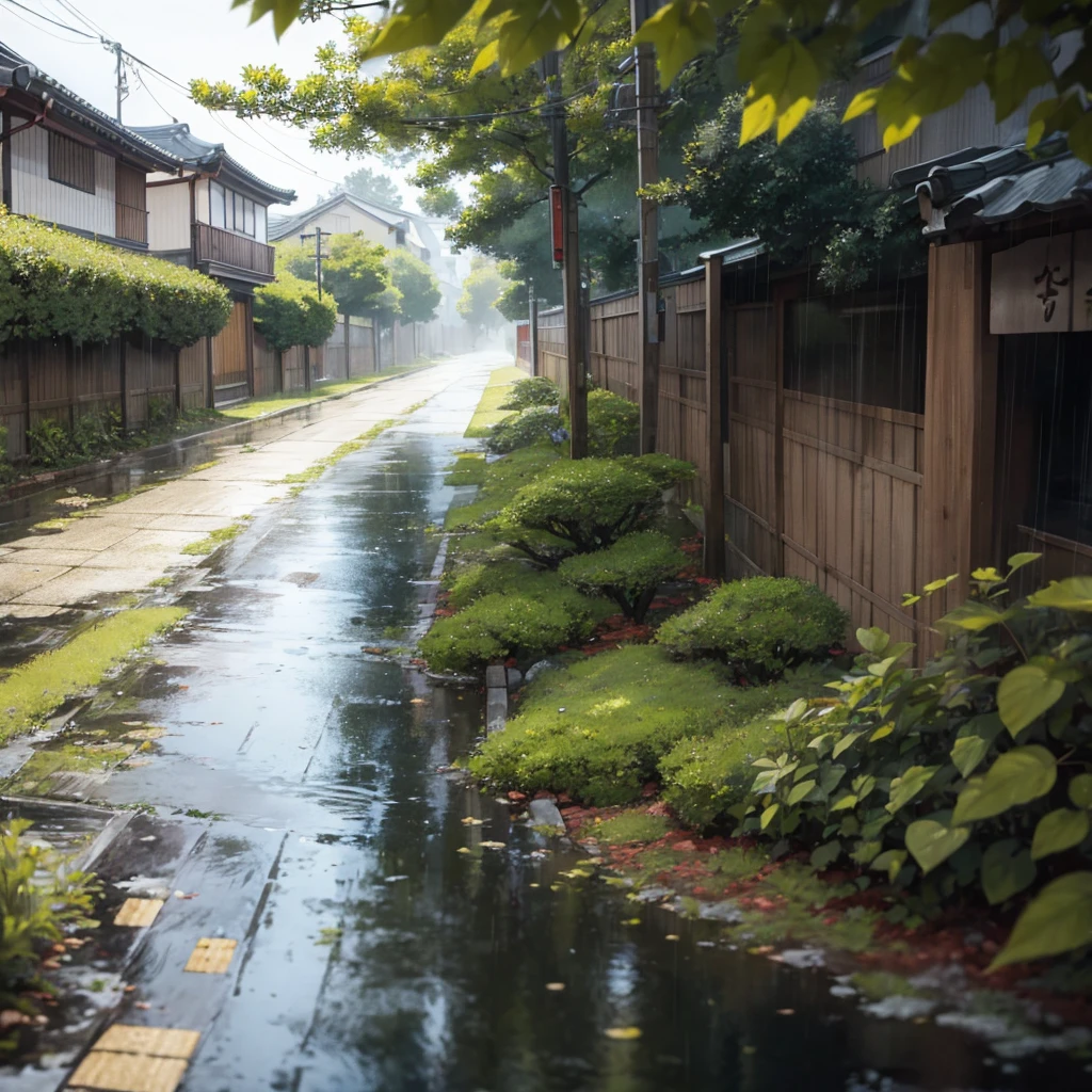 Close up Japanese rain on leaves and roads