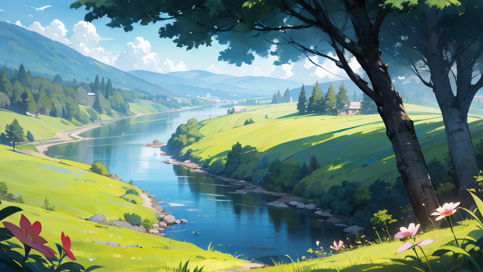 "Generate a vibrant landscape featuring lush greenery and a pristine environment. Include rolling hills covered in dense forests, a serene river winding through the scene, and a clear blue sky with a few fluffy clouds. Add elements of wildlife, such as deer grazing near the water, and a variety of colorful flowers dotting the landscape. The overall atmosphere should be peaceful and rejuvenating, capturing the beauty of nature in its purest form."
