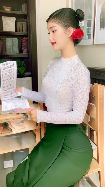 Portrait photo of a stunning woman with a neatly ti ed hair bun adorned by a delicate jasmine flower, ra diating elegance. She stands gracefully, gazing dire ctly at the viewer, surrounded by the enchanting am biance of a library. The lighting beautifully accentua tes her features, creating a captivating atmosphere, (wearing acmmsayarma outfit, acmmsayarma whit e top with buttons, Iong sleeves), ((acmmsayarma green long skirt)
