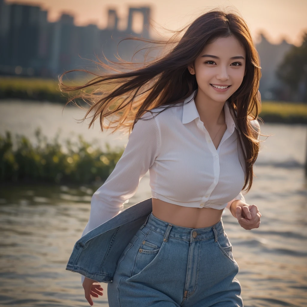 Best picture quality, Masterpiece, Ultra high resolution 8K, photograph, Asian girl smiles slightly, wearing old, ripped jeans, short on the penis.;) Wear a red and blue round neck t-shirt. Wear a t-shirt with large breasts and a strong, beautiful, perfect stomach.;) His long hair blows up in the wind, his body is wet, he looks straight at him and acts in various seductive poses.;) Natural countryside, sunlight shining brightly,.. Picture clarity 8k, Taken with a high quality camera 45,000,000 pixels