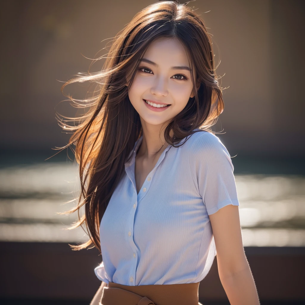 (8k, RAW photo, best quality, masterpiece:1.2), (realistic, photo-realistic:1.37), ultra-detailed, ultra high res,1 girl,looking at viewer,beautiful detailed face,smile,narrow,(slim waist:1.3),shirt, beautiful detailed skin, skin texture, floating hair,professional lighting,