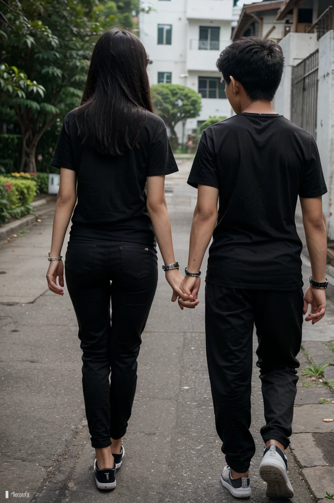 Thai couple, a 10-year-old Thai boy and a 10-year-old Thai girl, of the same height, thin and slender, walking hand in hand and wearing a black t-shirt and black pants. And they wear a black bracelet on both arms. Emphasize that they wear a black t-shirt. Seen from behind. by back.
