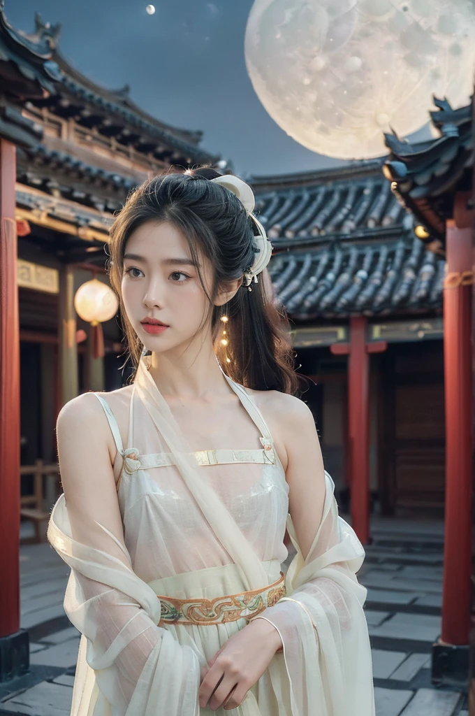 (((best quality))),(((ultra detailed))),(((masterpiece))),illustration,((1 beautiful girl,solo)),(short ponytail:1.2),((bright eyes,gentle smile)),((slim,thin)),((small breasts,flat chest)),(white see through sheer strap Hanfu:1.3),flowing fabric,serene demeanor,vibrant plants and trees,(Chinese-style architecture:1.3),tile roofs,intricate wooden carvings,rich and vivid colors,(serene glow of the moon:1.5),(((colorful clouds))),traditional Chinese garment,(((summer night,village courtyard))),((standing,arms behind back)),((from front,upper body))