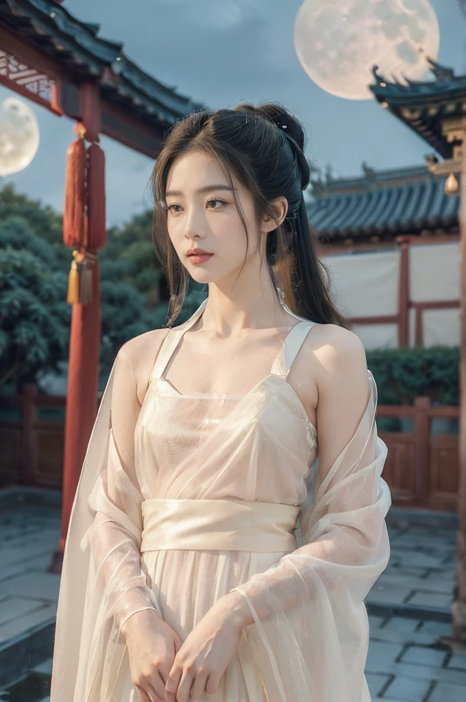 (((best quality))),(((ultra detailed))),(((masterpiece))),illustration,((1 beautiful girl,solo)),(short ponytail:1.2),((bright eyes,gentle smile)),((slim,thin)),((small breasts,flat chest)),(white see through sheer strap Hanfu:1.3),flowing fabric,serene demeanor,vibrant plants and trees,(Chinese-style architecture:1.3),tile roofs,intricate wooden carvings,rich and vivid colors,(serene glow of the moon:1.5),(((colorful clouds))),traditional Chinese garment,(((summer night,village courtyard))),((standing,arms behind back)),((from front,upper body))