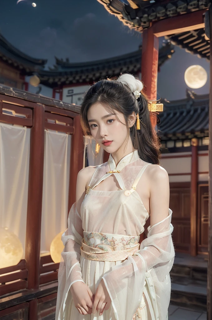 (((best quality))),(((ultra detailed))),(((masterpiece))),illustration,((1 beautiful girl,solo)),(short ponytail:1.2),((bright eyes,gentle smile)),((slim,thin)),((small breasts,flat chest)),(white see through sheer strap Hanfu:1.3),flowing fabric,serene demeanor,vibrant plants and trees,(Chinese-style architecture:1.3),tile roofs,intricate wooden carvings,rich and vivid colors,(serene glow of the moon:1.5),(((colorful clouds))),traditional Chinese garment,(((summer night,village courtyard))),((standing,arms behind back)),((from front,upper body))
