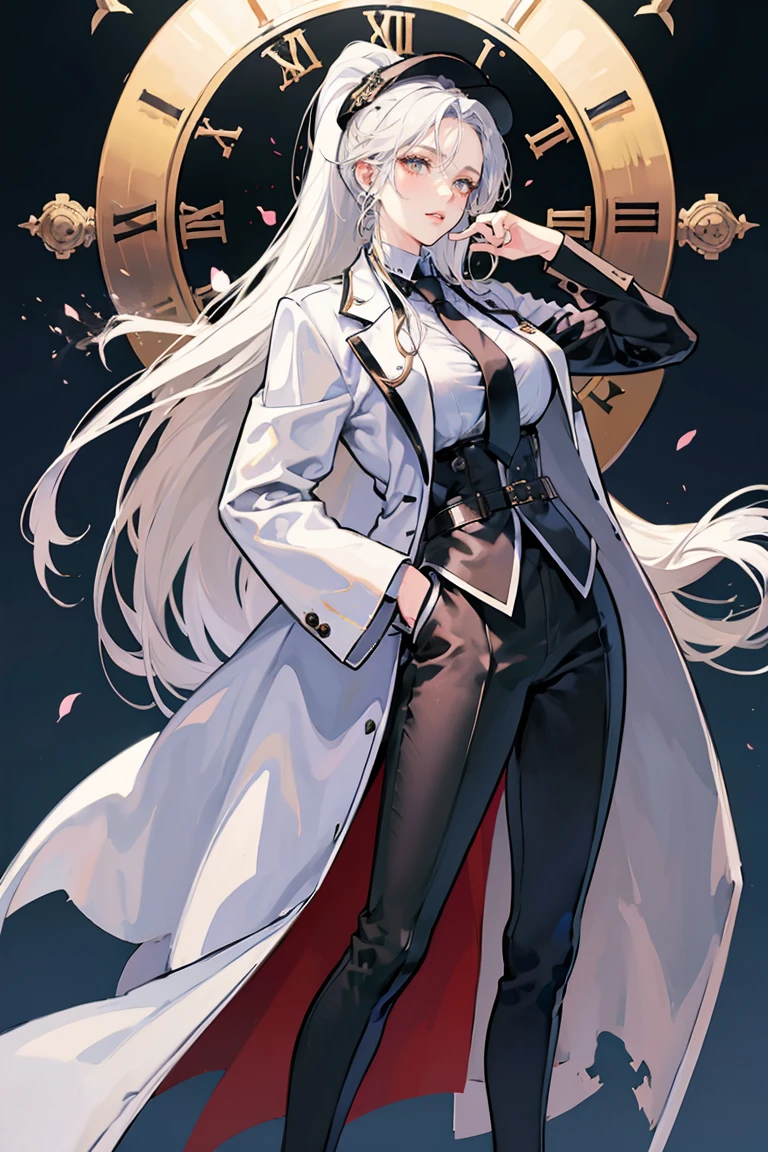 female, solo, sfw, medium shot, white hair, red eyes, tall, large breasts, long hair, ponytail, hair over one eye, hourglass figure, strong, pants, white business jacket, conference, happy smile, day, confident pose, fit, muscular thighs, broad shoulders, red curtains, luxury