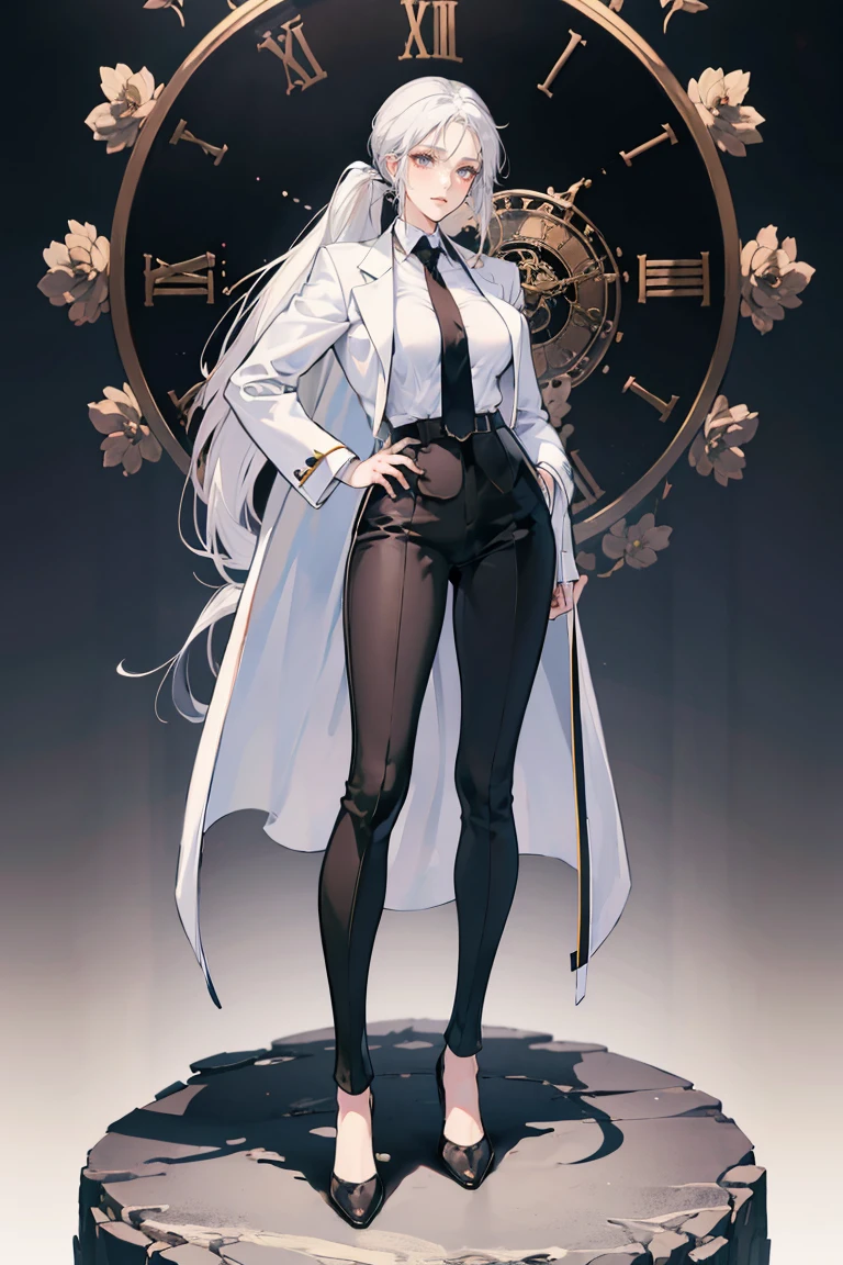 anime - (masterpiece), best quality, seductive eyes, mature face, brown eyes, long ponytail white hair, business suit, black pants, black necktie, white coat, peaked cap, full body, tall woman, long legs, adult-like female, 1girl, big breast, smug face, the background is a massive clock with a destroyed city 
