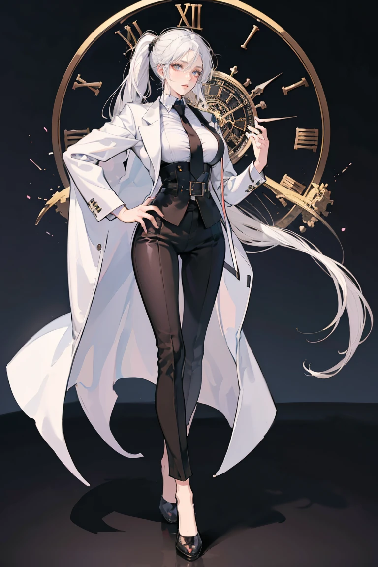 anime - (masterpiece), best quality, seductive eyes, mature face, brown eyes, long ponytail white hair, business suit, black pants, black necktie, white coat, peaked cap, full body, tall woman, long legs, adult-like female, 1girl, big breast, smug face, the background is a massive clock with a destroyed city