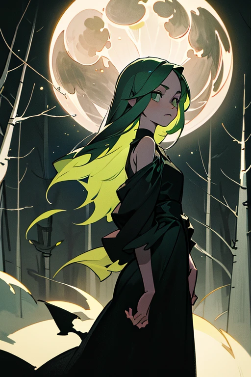 A poor young girl with shoulder-length green hair and green eyes, wearing a simple dress. She stands alone in a deep, dark forest at night. A bright moon illuminates the scene, with a shooting star streaking across the sky. The atmosphere is eerie and unsettling. Detailed forest background with towering trees, moonlight filtering through branches, shadows creating an ominous mood. Realistic style, high contrast between moonlight and shadows, ethereal glow around the girl, mystical and slightly haunting scene.