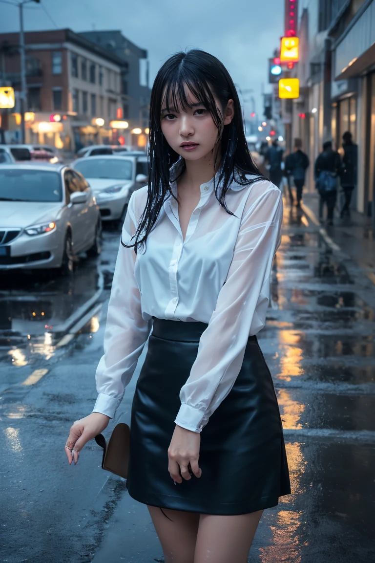 (masterpiece, Highest quality, One Girl, Beautiful office lady, Very wet, soaked from heavy rain, Long black hair, Straight hair, White blouse, Dark Skirt, Serious expression, Street background, Detailed Scene, Reflective Puddle, Dark Clouds, heavy rain, realistic rain effect)、（City of night）、neon
