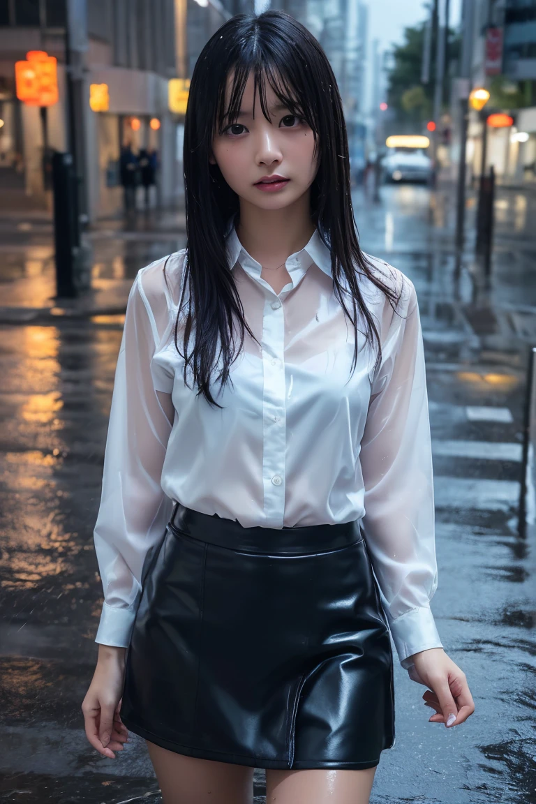 (masterpiece, Highest quality, One Girl, Beautiful office lady, Very wet, soaked from heavy rain, Long black hair, Straight hair, White blouse, Dark Skirt, Serious expression, Street background, Detailed Scene, Reflective Puddle, Dark Clouds, heavy rain, realistic rain effect)、（City of night）、neon