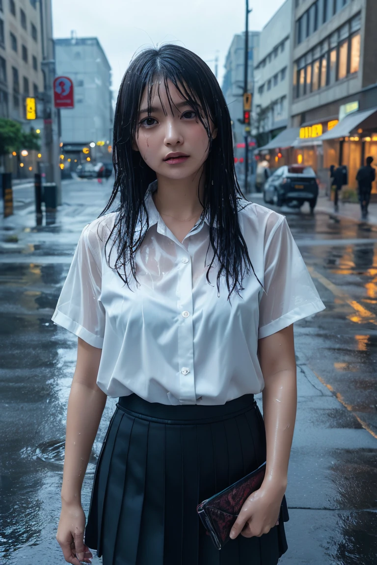 ((1girl in:2)), ((1screen)), in 8K, RAW shot, top-quality, masutepiece, photos realistic, ((Anatomically correct proportions: 1.5)), Detailed face, Detailed eyes, Detailed fingers, Detailed skin, Detailed legs, short torso、huge hooting from the knee up:1.8))、18-year-old 、((huge tit))、((High school girl standing in schoolyard:1.8))、((Very heavy rain:1.8))、((Wet school uniform blouse:1.8))、((white short sleeve blouse:1.8))、((Wet skirt:1.8))、((Wet and glowing skin:1.5))、((Blouses that get wet and adhere to the skin:1.8))、((Rain-soaked hair:1.8))、((blouse with ribbon around the neck:1.5))、((Soaking wet body:1.8))、((Wet and transparent blouse:1.8))