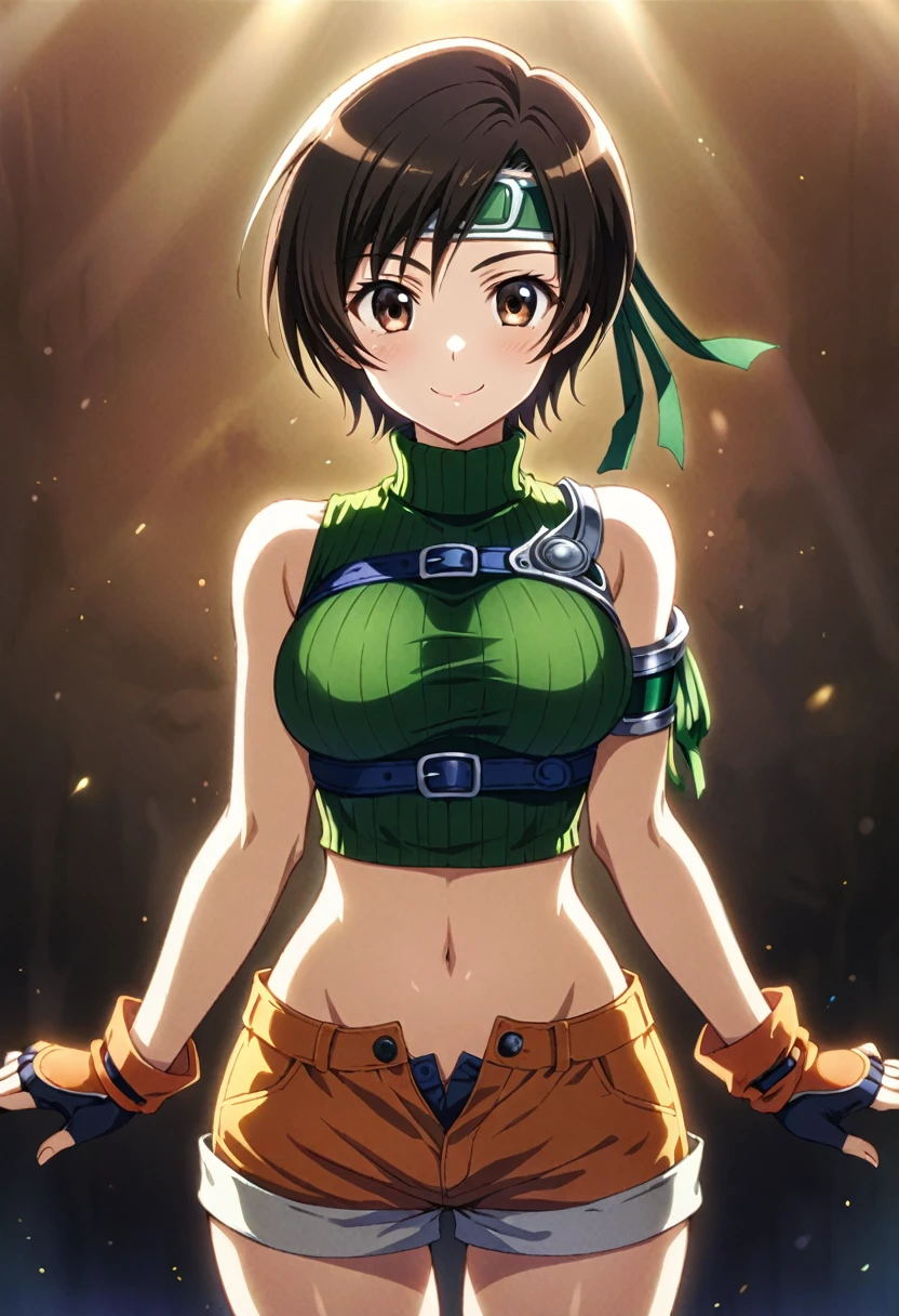 score_9, score_8_up, score_7_up,,BREAK source_anime, from below,side view,,(arms up,arms behind head).straight-on,medium shot,looking_at_viewer,1girl, yuffie kisaragi, final fantasy, short hair,headband,navel,sleeveless,turtleneck,brown eyes,sleeveless turtleneck,solo,breasts,looking at viewer,smile,gloves,crop top,brown hair,shorts,midriff,,sweater,open fly,fingerless gloves,ribbed sweater,medium breasts,yufi_kisaragi,smile,beautiful, beautiful nipple,,detailed skin,(masterpeace),(best quality),(aesthetic,very aesthetic),,highly detailed),,professional lighting,cinematic lighting,unaestheticXL_bp5