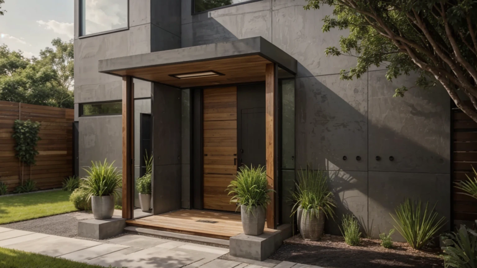 Modern house entrance with door, plants, dark grey brick walls, wood, summer, photorealism