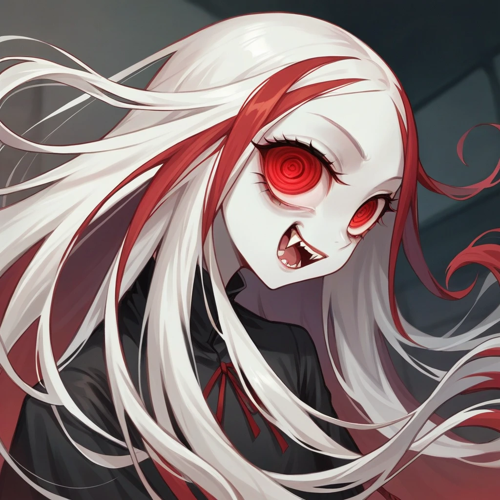 Eerily bloody tentacles are writhing. All of them are unpleasantly thick and long. A skinny evil monster girl with Shiny red eyes and Long white hair. She has Tiny breasts, Flat bust, Bleeding wounds, Flooring blood from eyes. She is dressed with Demonic costume and Glowing robe. She is starved.