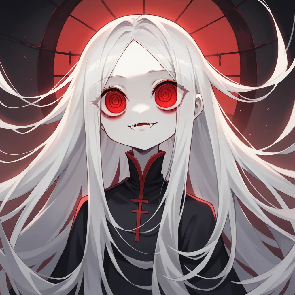 masterpiece, highest quality, (just concentrate), (perfect face:1.1), (high detailed:1.1), (Hyper-Detailed Eyes), dramatic, 1 Typ, (pale skin), long blondes hair, (red irises), individual focus, cute vampire girl, shows her fangs, smiles sweetly, red eye, white long hair with red stripes, ise is wearing a black dress, background is in an abandoned house