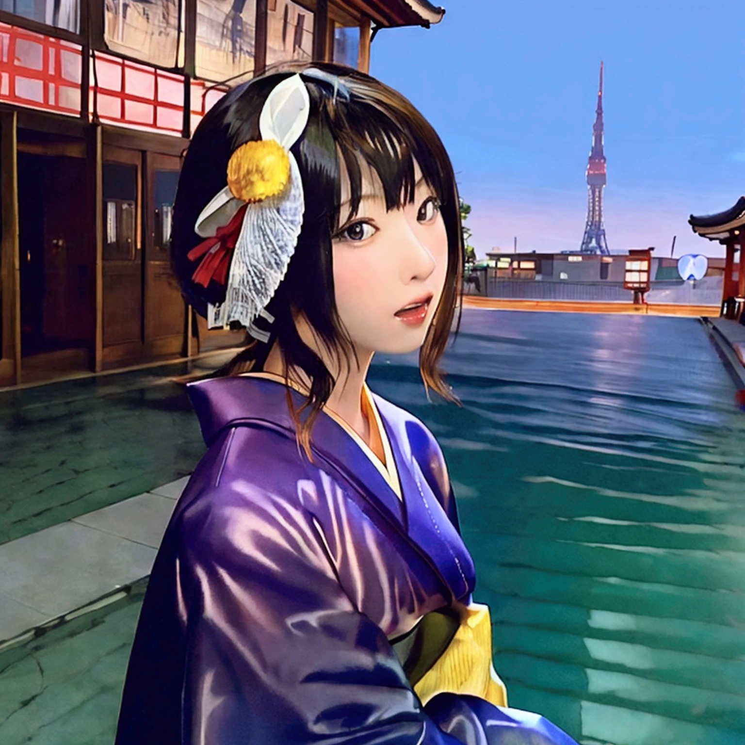 Temple and Tokyo Tower、A woman in a kimono is strolling、dynamic、high resolution。