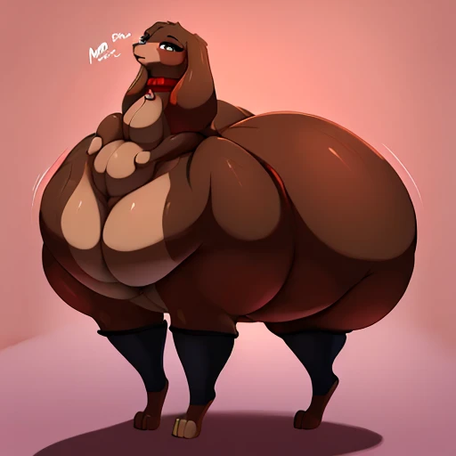 Masterpiece, wide hips,((hyper thighs)), ((hyper ass)), ((feral)), looking at viewer seductively, standing, bedroom background,(( 4 legs)),((non anthropomorphic)), dark brown fur, floppy ears, back view, hyper balls, blushing, huffing, tongue out, eyes rolled back, red collar, knee warmers, light brown underbelly, by ASaneMan, extremely obese, realistic, 4k res,((solo))