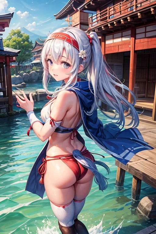 (((girl)))、Hakata Gion Yamakasa、Chase Mountain、Water law is、White water happi coat、Tightening、Loincloth、loincloth、Headband、Tabi socks、Carrying a mikoshi、Back view、Buttocks show、Show your back、multiple girls, Hakata city、the way、festival