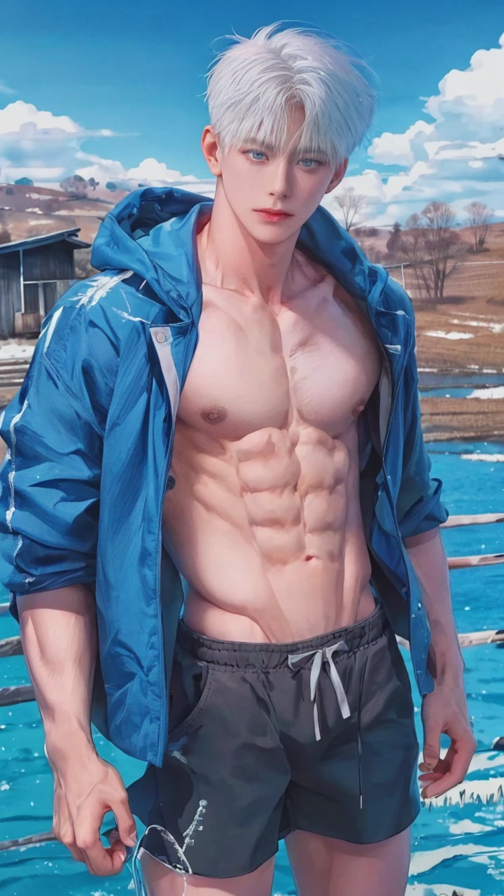 1boy, young, handsome, perfect face, detailed eyes and face, clean shaved, muscular, capturing a rural atmosphere, dynamic lighting, unreal engine 5, hd picture, satoru gojo, white hair, short hair ,hair between eyes ,blue eyes