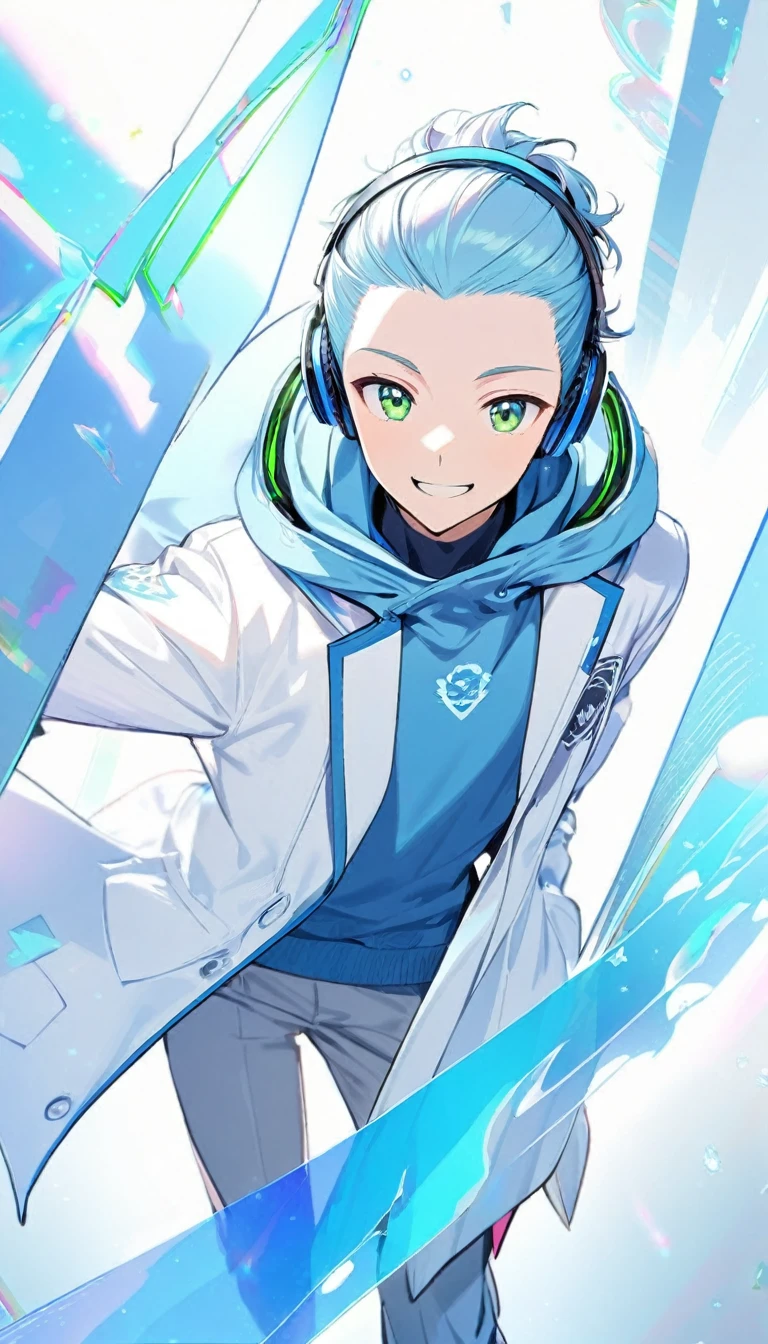 1boy,pretty,slick back split curtain light blue colour hairstyle,green eyes,blue earrings,,fluffy blue hoodie,white blazer with school logo on top, beautiful smile,standing ,skinny,blue high tech headphones,