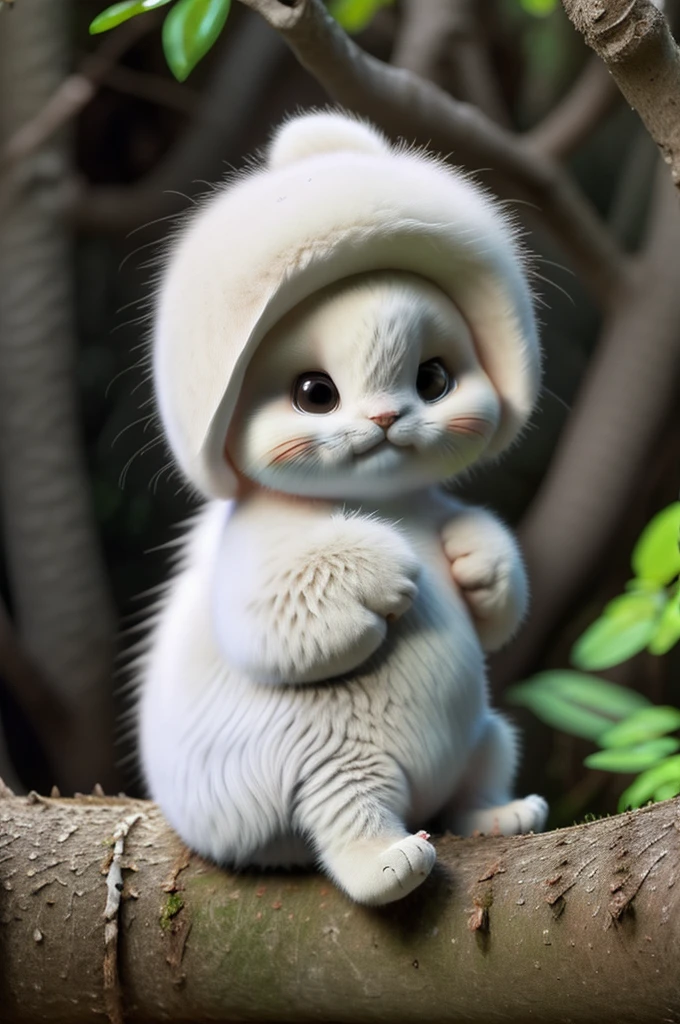 high resolution photo front portrait of a very cute white cat praying sitting on a tree branch in a lush forest, cat, orange, fat, garfield, no_humans, depth of field, Disney style, DARK_Glam, using DRK_Glam, deep shadow, ( dark: 1.4), (8k, RAW photo, best quality, masterpiece: 1.2), big happy expression with mouth.