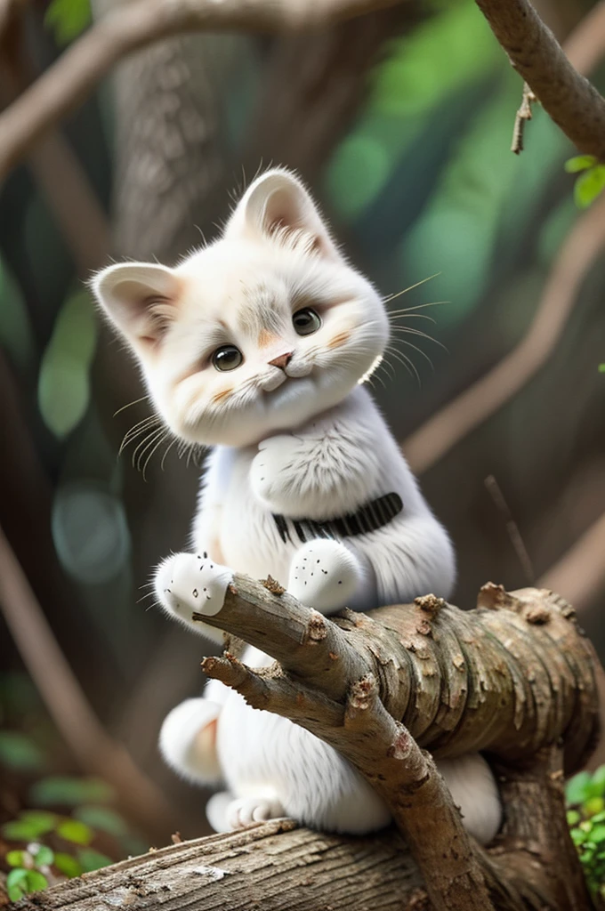 high resolution photo front portrait of a very cute white cat praying sitting on a tree branch in a lush forest, cat, orange, fat, garfield, no_humans, depth of field, Disney style, DARK_Glam, using DRK_Glam, deep shadow, ( dark: 1.4), (8k, RAW photo, best quality, masterpiece: 1.2), big happy expression with mouth.