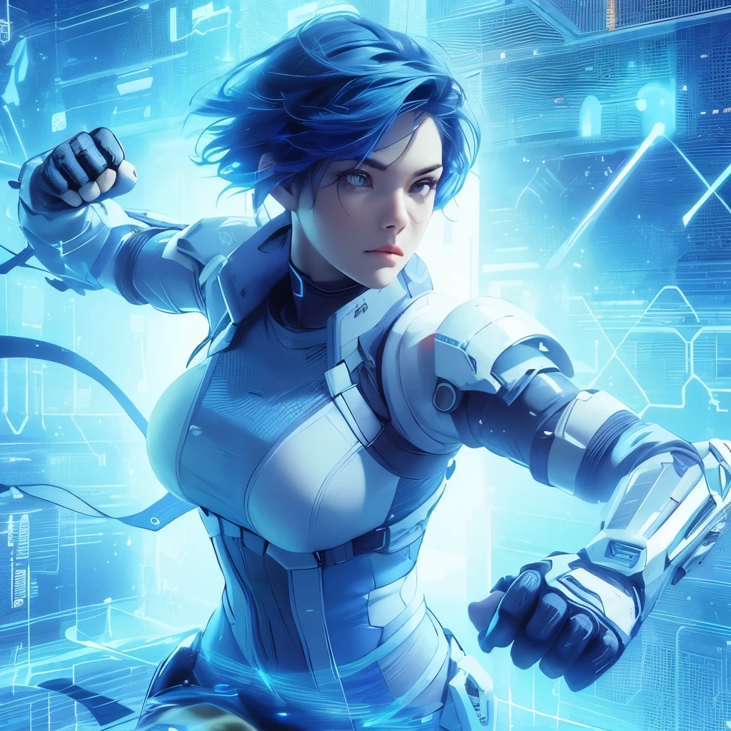 a novelistic picture of a woman warrior with short blue hair wearing a sci-fi white futuristic gear, she is a sci-fi fighter in a sci-fi holographic world. show her fighting 