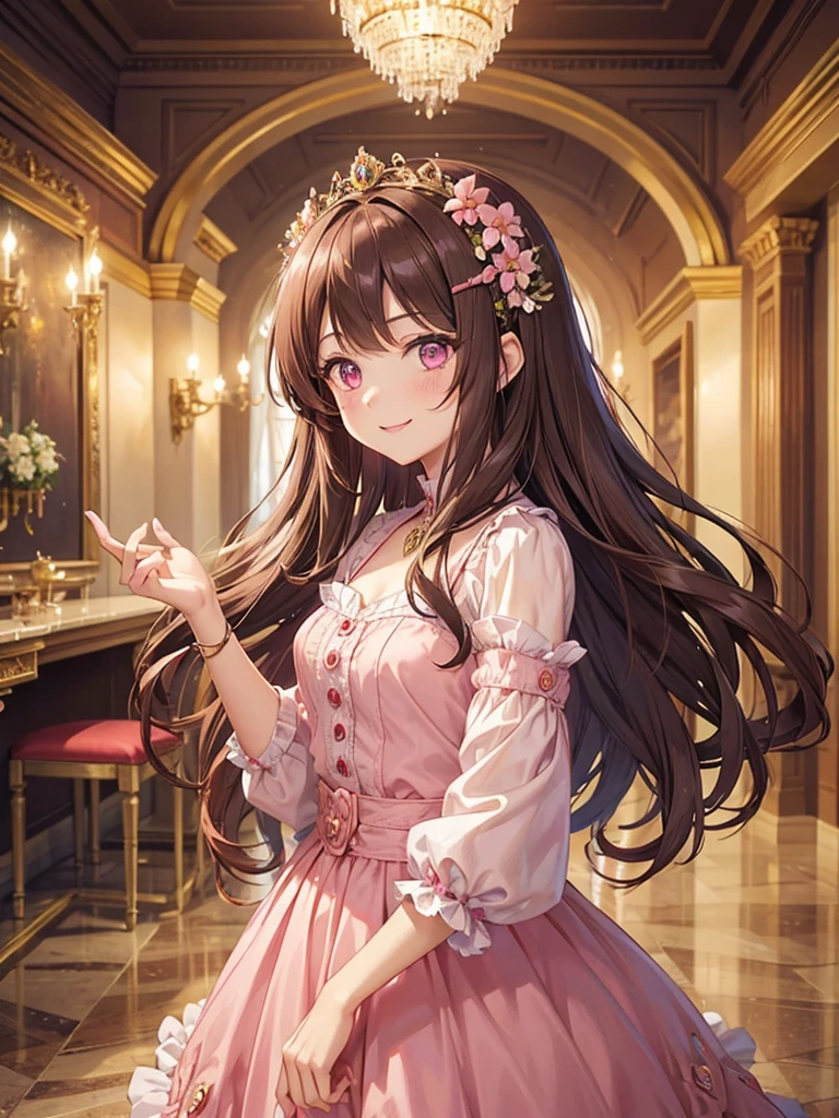 woman, pink eyes, long curry brown hair, kind smile. wear flower clips in her hair, she like princess, lady, wear luxury dress, background in royal palace hall