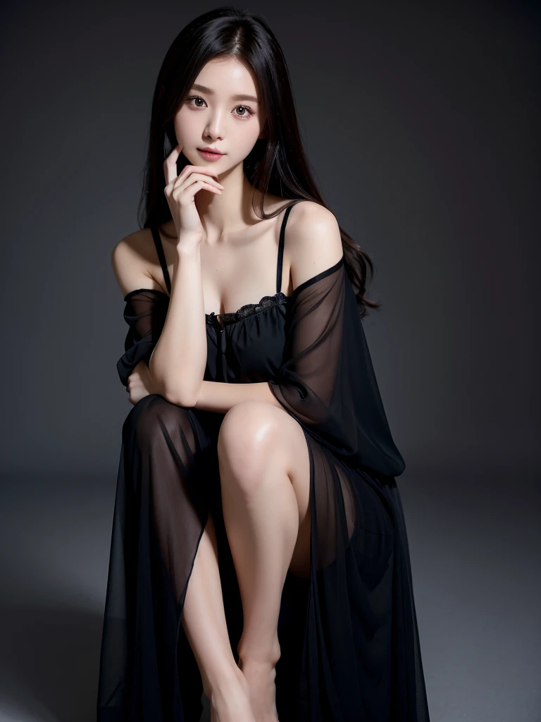 White Room、Black chiffon blouse、Black chiffon maxi skirt 、(Highest quality)、((Very detailed))、4K、(8K)、masterpiece、Very detailedな、Highest quality、Super Resolution、1 person、Kind Face、Soft Light、RAW quality、Soft Skin、163cm、30 years old、From the knee up