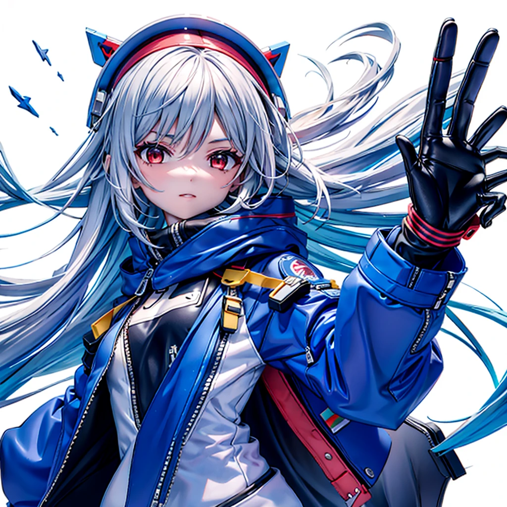 (Tabletop, Highest quality), (Perfect athletic body: 1.2), (Fine hair), Very detailed, Anime Style, whole body, alone, Cyberpunk Psychic Girl, whole body dressed in tattered robes and hood, Vagabond style, Gray Hair, Red eyes, Floating in the air, Small build, Psychic Aura, White Background, whole body, Blue Flame, ((Lightning in a woman's hand))