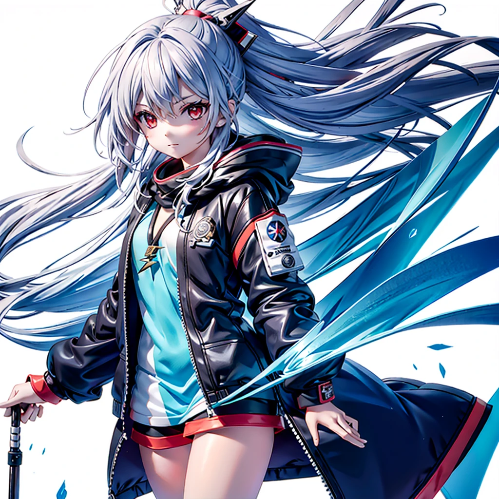 (Tabletop, Highest quality), (Perfect athletic body: 1.2), (Fine hair), Very detailed, Anime Style, whole body, alone, Cyberpunk Psychic Girl, whole body dressed in tattered robes and hood, Vagabond style, Gray Hair, Red eyes, Floating in the air, Small build, Psychic Aura, White Background, whole body, Blue Flame, ((Lightning in a woman's hand))