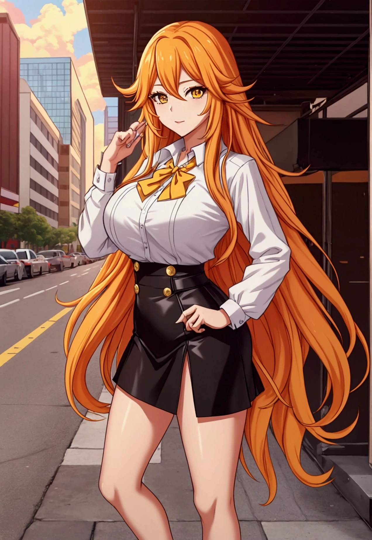 ol professional woman，28 years old，long hair anime girl, She has long orange-yellow hair., Yellow hair at the end，Attractive anime girl,White shirt，White shirt，Black hip skirt，business attire，office，city building，现代office，Very long hair，Large Breasts,Keep files,Exciting appearance，Front view，First Perspective，high quality，16K，Exciting appearance，very clearly，Exquisite mature facial，Royal sister，Alone，Standing front，Hands hanging down，High heel，whole body