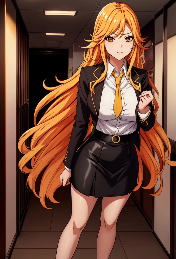 ol professional woman，28 years old，long hair anime girl, She has long orange-yellow hair., Yellow hair at the end，Attractive anime girl,White shirt，White shirt，Black hip skirt，business attire，office，city building，现代office，Very long hair，Large Breasts,Keep files,Exciting appearance，Front view，First Perspective，high quality，16K，Exciting appearance，very clearly，Exquisite mature facial，Royal sister，Alone，Standing front，Hands hanging down，High heel，whole body