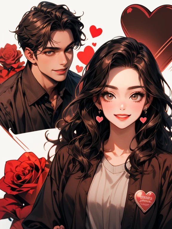 masterpiece, collage of couple,  1 woman, a beautiful female, long wavy black hair, brown eyes, 1 man, a beautiful man, brown eyes , short wavy hair, beautiful smile,  casual outfit, valentine, happy, smile, chocolate, roses, hearts