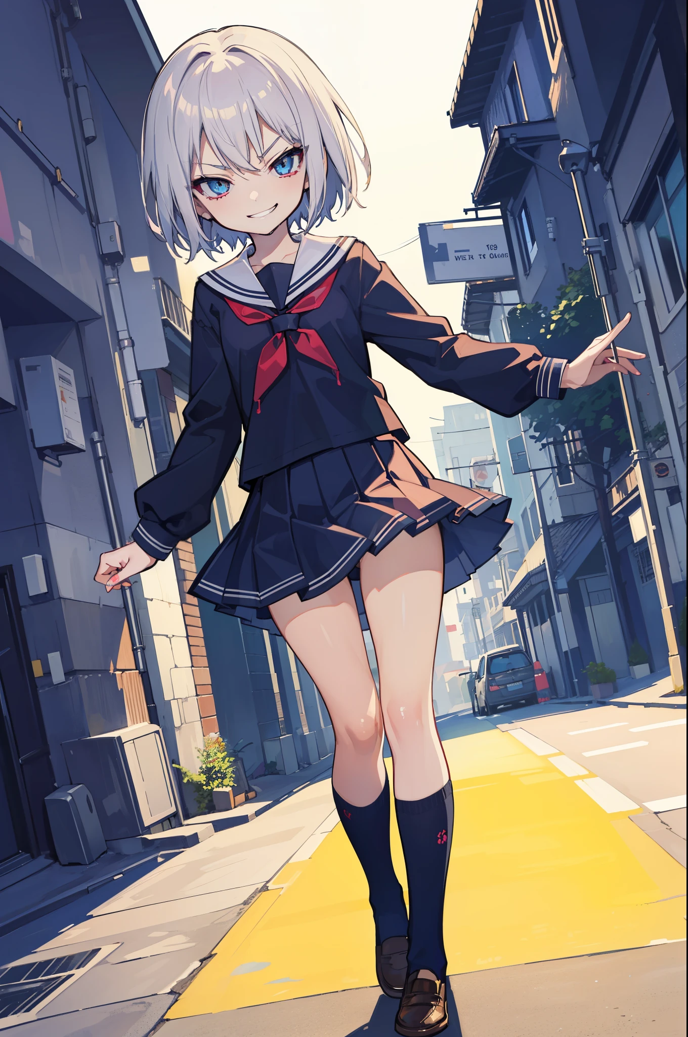 (Ideal:1.2), (perfection:1.2), (highest quality:1.2), (best quality:1.2), alley 1girl, sexy body, (evil smirk:1.2), (:1.1), naughty, (school uniform:1.1), detailed body, sexy thighs, small breasts, short hair, high quality eyes, 4K, highest quality resolution, best quality resolution, best quality upscale, flawless