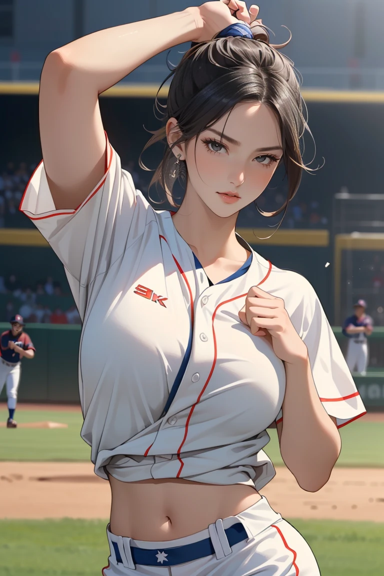 ((Masterpiece, top quality, high resolution)), ((highly detailed CG unified 8K wallpaper)), (huge stunning goddess shot, very hot and sexy, jaw-dropping beauty, perfect proportions, beautiful body, slim body beauty:1.3), female baseball player throwing a ball on a field, female baseball player, Detailed faces and hands, dynamic pictures, baseball action, full body shot, 